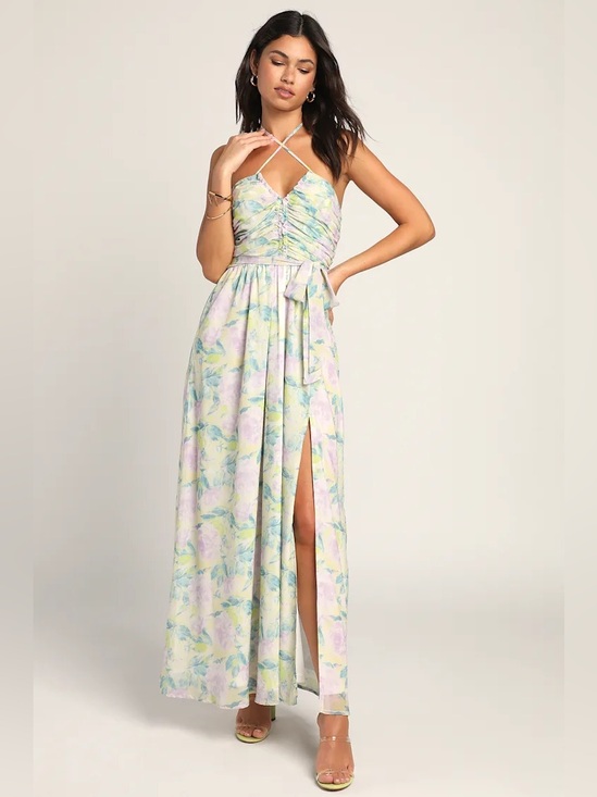 Lulus Dresses & Skirts - Lulus Effortlessly Abloom Green Multi Floral Ruched Halter Maxi Dress large